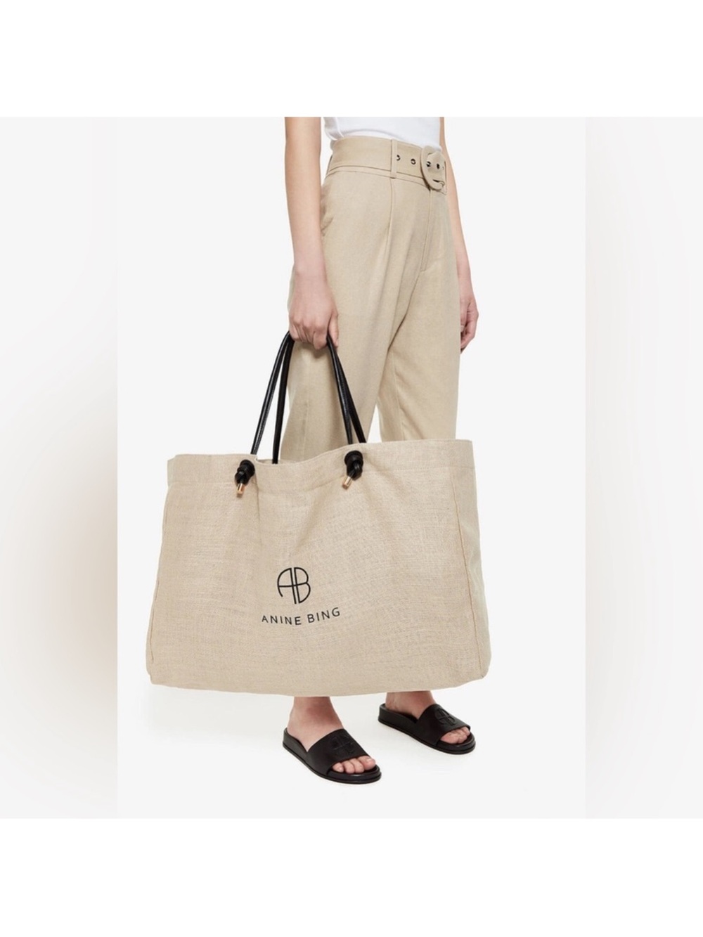 Anine Bing Natural Canvas Tote with Black Logo - Picture 9 of 10